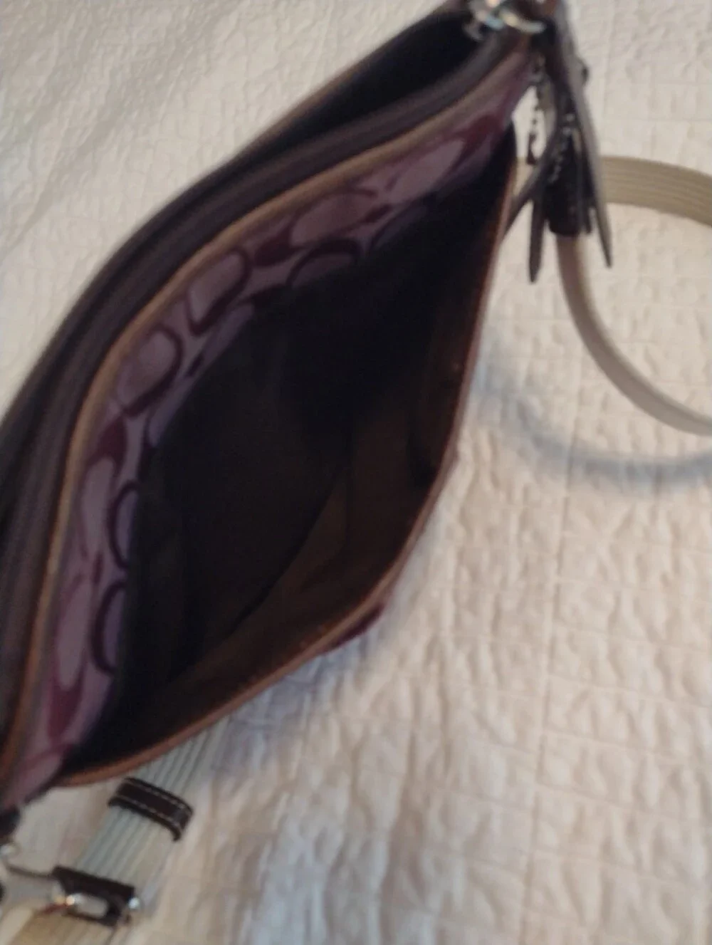 Coach Purple Signature Logo Crossbody Bag Zip Top Adjustable Strap Silver Brown